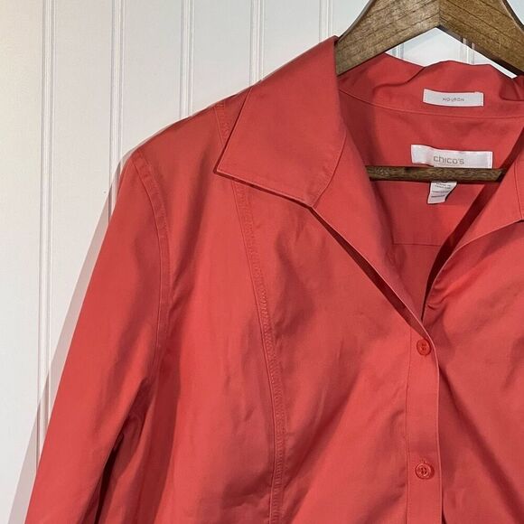 Chico’s No Iron Jacket Women’s 3 X-Large Coral Button Front Long Sleeve VNeck - Picture 2 of 12